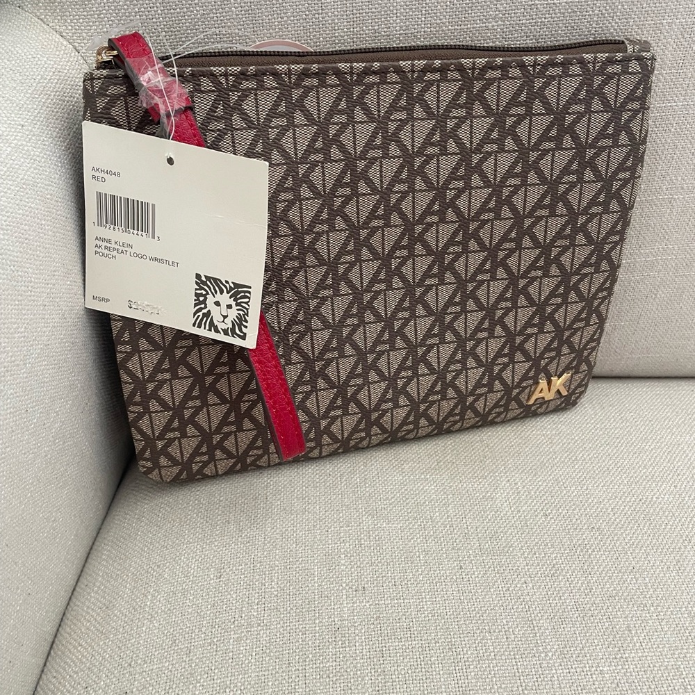 Anne Klein Brown Patterned Clutch with Red Strap